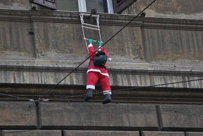 Santa Claus on a rope ladder