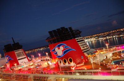 Disney cruise ship top deck at night
