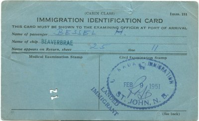 mom immigration card Beaverbrae ship 1951