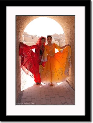 Uygur Girls Wearing Yellow and Red at the Ancient City of Gaochang
