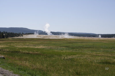 Distant view of Lower Geyser Basin