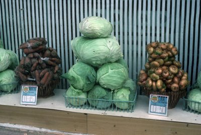 Cabbage, carrots, onions in store window, Moscow (c.1983)