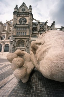 Modern sculpture and St. Eustache cathedral, Paris, France