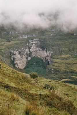 The rock facing Laguna Huayabamba houses a cave and mausolea