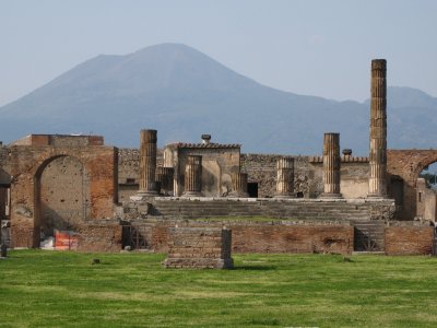 Pompei city forum with Vesuvius in the background