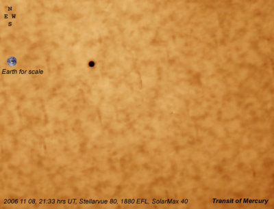 20061108 21:33 hrs UT Stellarvue 80 1880 Ha SolarMax40 IRC, Transit of Mercury