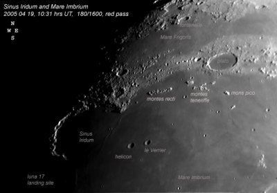Luna, 2005 04 19, Sinus Iridum, annotated