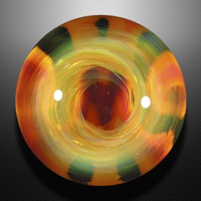 A bright wig-wag M sits atop a gold fumed tornado, swirling all through the marble. Last pic is top down view.