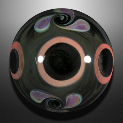Imploded 'happy feet' are seen through the lens of this air trap 'O', over top of special disco sparkle. More O's on the back.