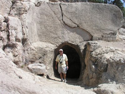 There's Bob, safe and sound.  The Greek inscriptions around the tunnel describe the founding of Aremeia.