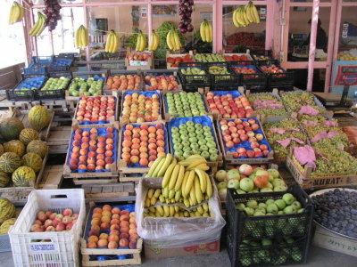 Colorful fruit market in the center of town.