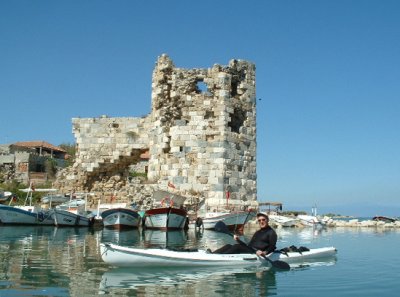 Yumurtalik:  Bob kayaking in the harbor by the castle