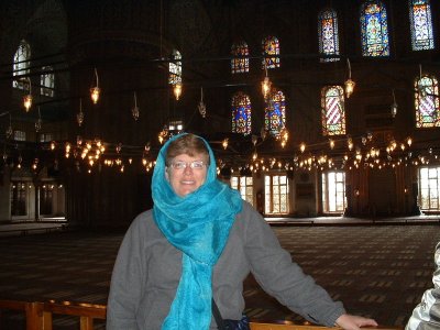 Inside the Blue Mosque.  Scarves for tourists were optional, but why not?