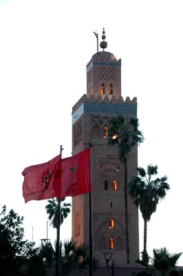 minaret lit up in the evening