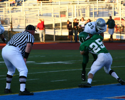 Seton safety Andrew Tripicco and Newfield's Josh Wager at the goal line