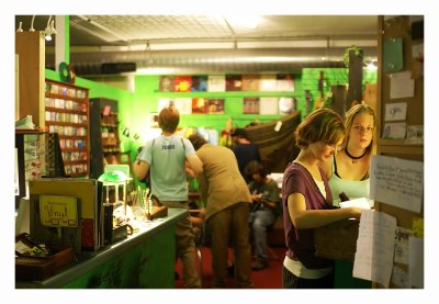 browsing the stacks in Greenman Music