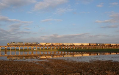 Near perfect evening light and the calm water makes for an awesome sight as NB grain train G211 glides over the Ohio River flood plain.