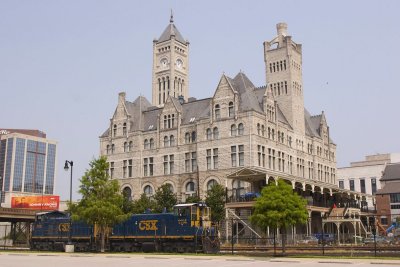 A pair of switch engines are parked outside the former L&N Union Station.