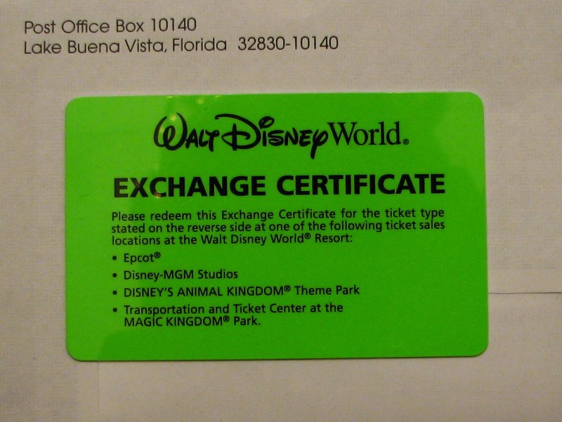 WDW Exchange Certificate