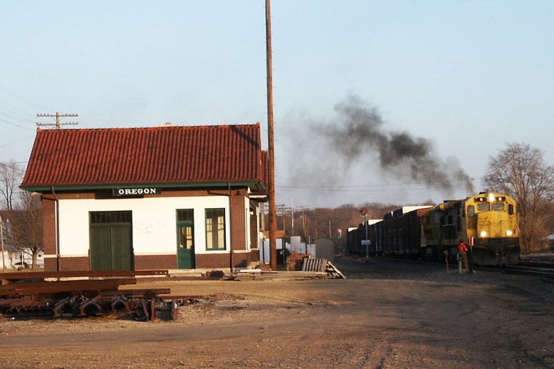 Illinois Railnet  train passes Chicago, Burlington & Quincy Depot, Oregon, Illinois