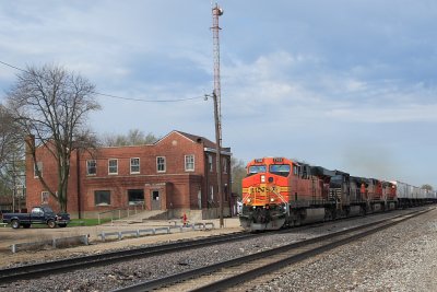 Santa Fe Depot at Chillichothe, Illinois with train lead by BNSF 7703