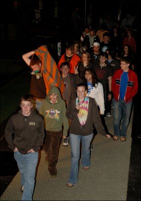 Josh (first) and classmates boarding the Empress Andiamo at midnight.