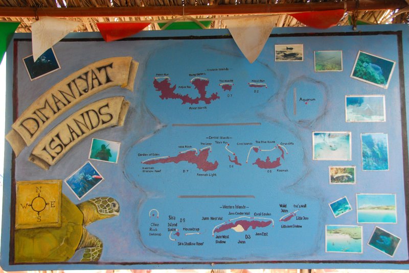 Map of the Dimaniyat Island chain, a marine preserve with excellent dive sites off the Omani coast from Barka