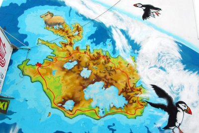 Mural in downtown Reykjavik showing a Iceland and puffins