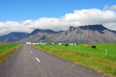 Route 56 passing through farmland along the Snæfellsnes Peninsula
