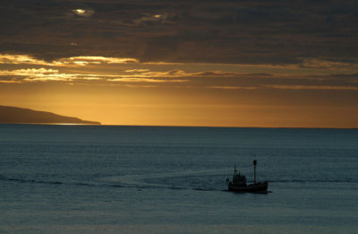 Ship headed for port at sunset, Húsavík