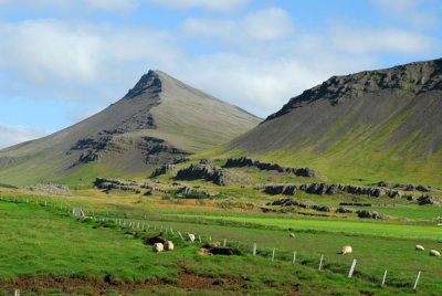 Mountains and pasture between Borgarnes and Akranes, Western Iceland