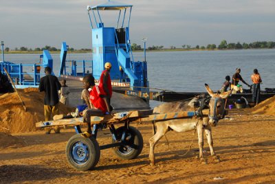Donkey cart and ferry, Sgou, Mali