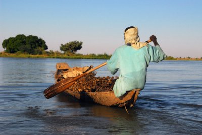 Man paddling a pirogue on the Niger River, near Ayorou