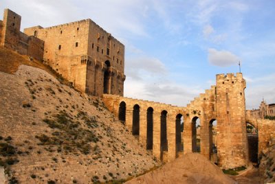 Aleppos most famous site, the Citadels bridge and gatehouse