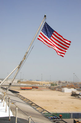 American flag on the stern of the USS Nimitz