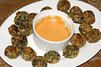 cheese and spinach fritters with honey mustard sauce