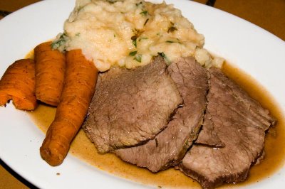 freezer to oven pot roast, mashies with lovage and paprika