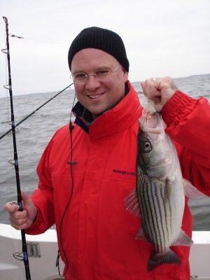 10/27/2006 - Mike braggin on nice Striper caught trolling onboard the Down Time off the lumps