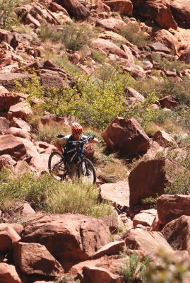 Cyclist ascending Jackson's Ladder, carrying his bike