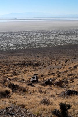 Salt flats (and its dead-end access road), evaporation ponds, and Interstate 80