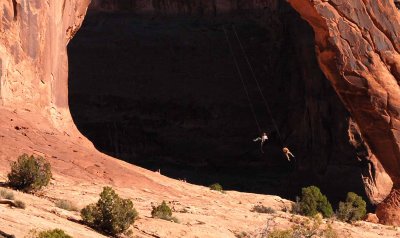 Two swingin' guys at Corona Arch (cropped and enlarged)