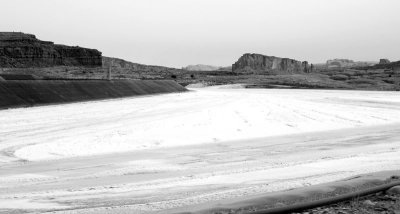 What an evaporation pond looks like after the precipitated salt has been scooped up