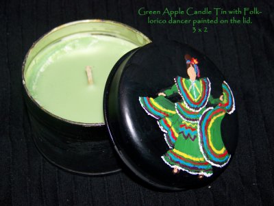 Green candle tin with paint folklorico dancer