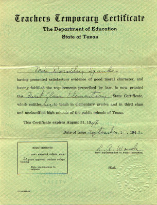 Dorothy Spande Teachers Certificate