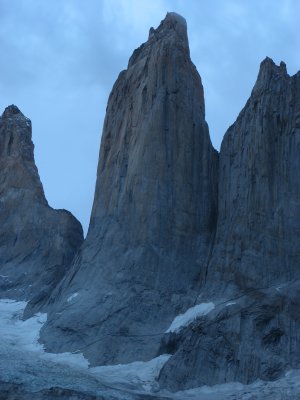 Torres del Paine on a cloudy dawn