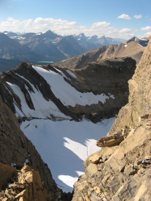 a snowfield on the northeast flank of Cirque Peak