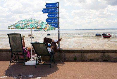 People and signs at Southend