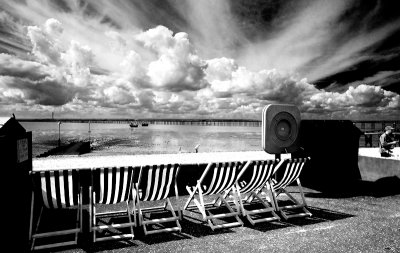 Southend with deckchairs in black and white