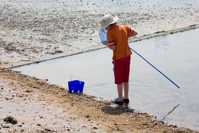 Boy checking his catch