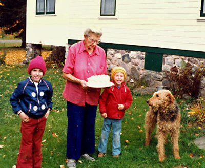 Grandma, grandsons, and Ranch dog (Scanned from old photo)